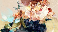 Long hair barefoot anime girls blue eyes short hair artwork 