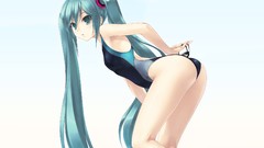Long hair hatsune miku green hair twintails swimsuits
