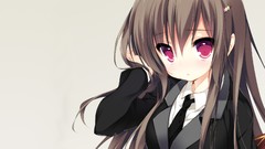 Long hair pink eyes anime girls brunettes school uniforms 