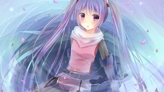 Long hair pink eyes flower petals cherry blossoms purple hair 