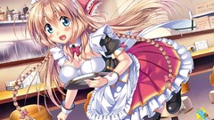 Long hair waitress maids cleavage bent over