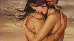 Love woman couple paintings dandelions romantic hugging closed 