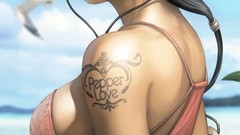 Love woman headphones tattoos seagulls peppers artwork beach 
