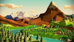 low poly Mountains river landscape nature digital art