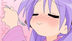 lucky star blushing hiiragi kagami fork purple hair anime girls