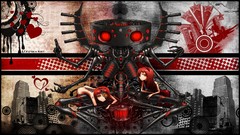 Machines Robots android red eyes red dress buildings tattoos 