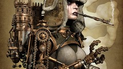 Machines woman hats steampunk pipes science fiction