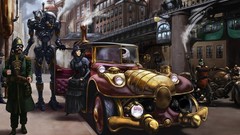 Machines woman Robots cars steampunk buildings science fiction