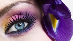 Macro eyes woman close-up purple flowers faces eye shadow