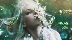Macro Flowers nature branches woman white hair blue eyes