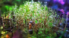 Macro moss ants insects water drops multicolor