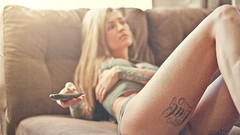 Macro woman blurred blondes tattoos underwear panties