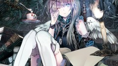 Magic Books wings Candles sitting anime girls wink original 