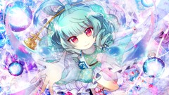 Magic dress Ribbons blue hair pink eyes anime girls short hair 