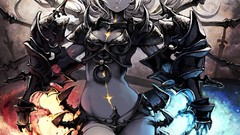 Magic horns armor Scar white hair red eyes long hair pink eyes 