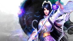 Magic woman Katana Japanese kimono Swords blue hair video games