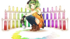Megpoid Gumi anime girls colorful green hair Squatting Anime
