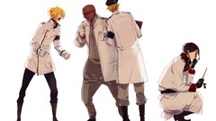 Men Army glasses bald white background hats military gloves 