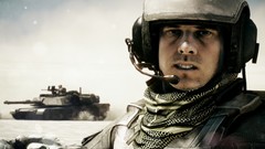 Men Army soldiers faces helmets microphones battlefield 3 tanks