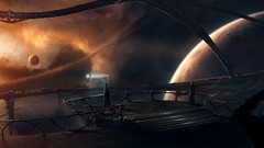 Men balcony console space station planets outer space