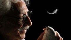 Men Birds feathers white hair doves men with glasses old people