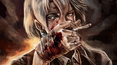 Men blood white hair smoking illustrations artwork digital art