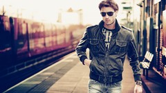 Men bokeh sunglasses models Leather Jacket train stations male 