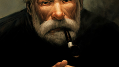 Men cap beard artwork old people smoking pipe