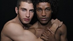 Men couple embrace hugging