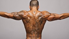 Men fish lotus back tattoos bodybuilding