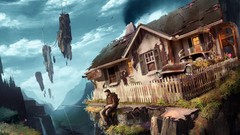 Men fishing cars houses cliff science fiction artwork fantasy 