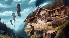 Men fishing rocks houses fantasy art
