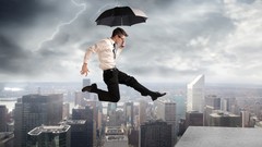 Men Lightning Skyscrapers Umbrellas jumping