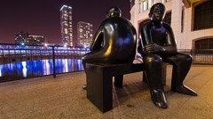 Men London bench statues canary wharf night landscapes