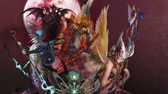 Men moon woman wings staff red eyes artwork fantasy art