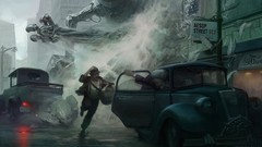 Men Robots cars buildings streets science fiction cityscapes 