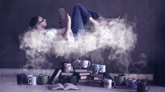 Men steam reading floating men with glasses coffee cups