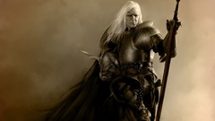 Men weapons armor white hair red eyes Swords artwork fantasy 