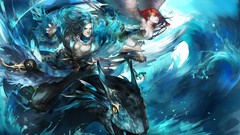 Men wings flying blue hair long hair redheads cleavage artwork 