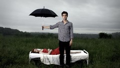 Men woman couple Umbrellas red dress fields lying down