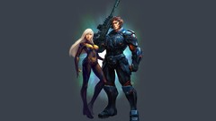Men woman weapons armor white hair artwork futuristic Simple 