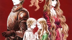 Men woman weapons children dress Knights armor red background 