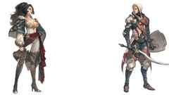 Men woman white background armor Warriors Swords long hair 