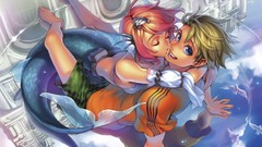 Mermaids kissing anime girls blue eyes short hair redheads 