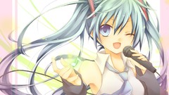Microphones hatsune miku vocaloid wink open mouth aqua hair 
