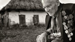 Military houses grayscale depth of field Russians old people