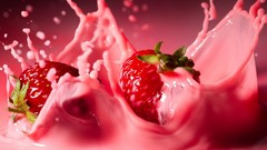 Milk strawberries fruits splashes