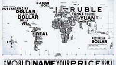 Money Typography Maps Euro currency ruble yen prices world map 