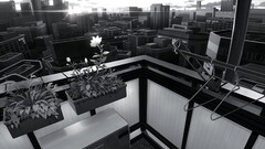 monochrome balcony cityscape Anime artwork