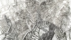 Monochrome cities anime girls fantasy art sketches